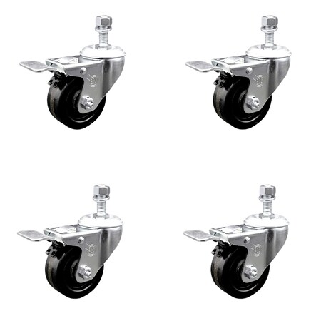 Service Caster 3.5 Inch SS Phenolic Swivel 12mm Threaded Stem Caster Set Total Lock Brake SCC-SSTSTTL20S3514-PHS-M1215-4